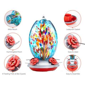 Muse Garden Glass Humming Bird Feeders for Outdoors - 27OZ Blown Glass Hummingbird Feeder - Unique G...