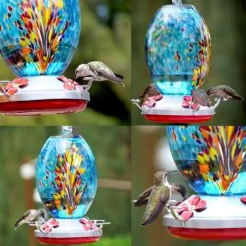 Muse Garden Glass Humming Bird Feeders for Outdoors - 27OZ Blown Glass Hummingbird Feeder - Unique Gift for Mom Women, Outdoors Hanging Garden Decor, Includes Ant Moat & Brush, Blue Fireworks