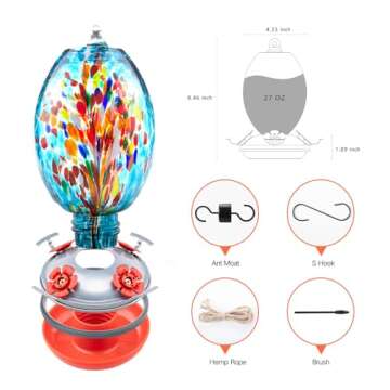 Muse Garden Glass Humming Bird Feeders for Outdoors - 27OZ Blown Glass Hummingbird Feeder - Unique Gift for Mom Women, Outdoors Hanging Garden Decor, Includes Ant Moat & Brush, Blue Fireworks