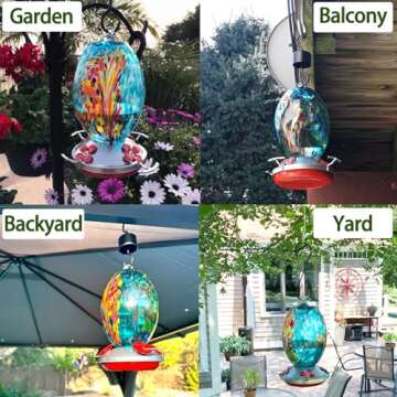 Muse Garden Glass Humming Bird Feeders for Outdoors - 27OZ Blown Glass Hummingbird Feeder - Unique Gift for Mom Women, Outdoors Hanging Garden Decor, Includes Ant Moat & Brush, Blue Fireworks