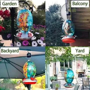 Muse Garden Glass Humming Bird Feeders for Outdoors - 27OZ Blown Glass Hummingbird Feeder - Unique Gift for Mom Women, Outdoors Hanging Garden Decor, Includes Ant Moat & Brush, Blue Fireworks