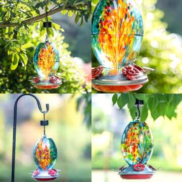 Muse Garden Glass Humming Bird Feeders for Outdoors - 27OZ Blown Glass Hummingbird Feeder - Unique Gift for Mom Women, Outdoors Hanging Garden Decor, Includes Ant Moat & Brush, Blue Fireworks