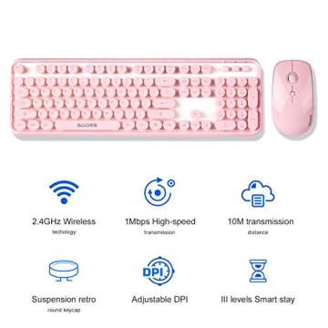 SADES V2020 Pink Wireless Keyboard with Round Keycaps,2.4GHz Dropout-Free Connection,Long Battery Life,Cute Wireless Moues for PC/Laptop/Mac(Pink)