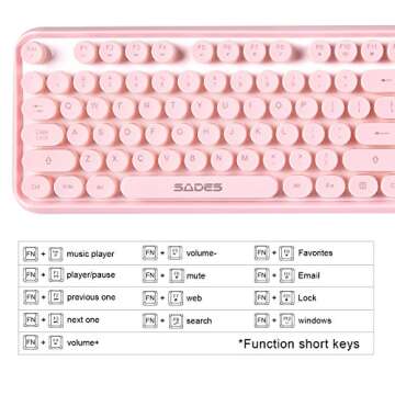 SADES V2020 Pink Wireless Keyboard with Round Keycaps,2.4GHz Dropout-Free Connection,Long Battery Life,Cute Wireless Moues for PC/Laptop/Mac(Pink)