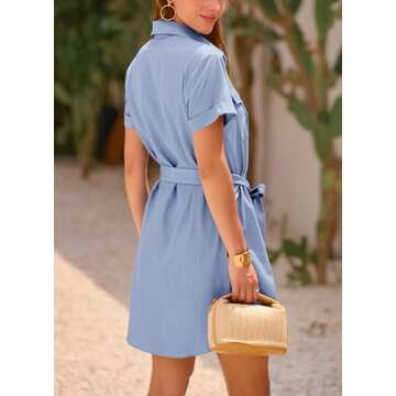 PRETTYGARDEN Women's Summer Short Sleeve Shirt Dress Casual Button Down Lapel V Neck Belted Aline Wo...
