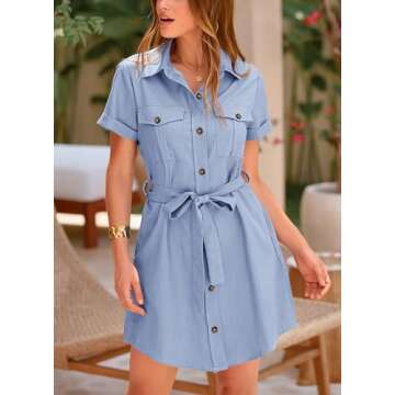 PRETTYGARDEN Women's Summer Short Sleeve Shirt Dress Casual Button Down Lapel V Neck Belted Aline Work Dresses (Light Blue,Medium)