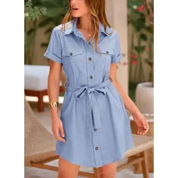 PRETTYGARDEN Women's Summer Short Sleeve Shirt Dress Casual Button Down Lapel V Neck Belted Aline Work Dresses (Light Blue,Medium)