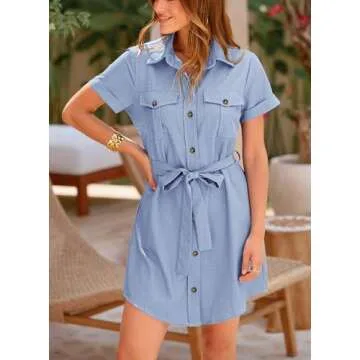 PRETTYGARDEN Women's Summer Short Sleeve Shirt Dress Casual Button Down Lapel V Neck Belted Aline Work Dresses (Light Blue,Medium)