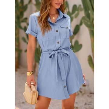 PRETTYGARDEN Women's Summer Short Sleeve Shirt Dress Casual Button Down Lapel V Neck Belted Aline Work Dresses (Light Blue,Medium)