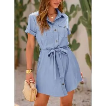PRETTYGARDEN Women's Summer Short Sleeve Shirt Dress Casual Button Down Lapel V Neck Belted Aline Work Dresses (Light Blue,Medium)