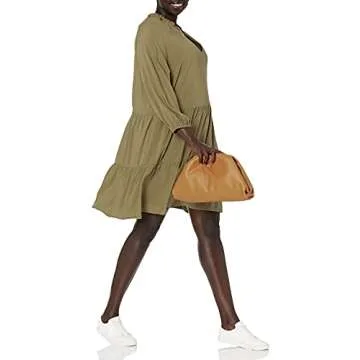 The Drop Women's @caralynmirand Ruffle Neck Tiered Mini Dress, Olive, M