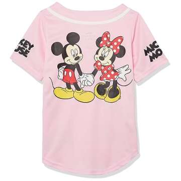 Disney Girls Mickey & Minnie Mouse Baseball Jersey - Classic Mesh Button Down Shirt, Light Pink/Whit...