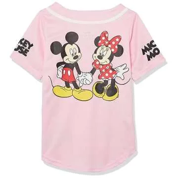 Disney Girls Mickey & Minnie Mouse Baseball Jersey - Classic Mesh Button Down Shirt, Light Pink/Whit...