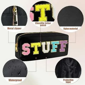 Preppy Chenille Letter Makeup Bag,Nylon Zipper Waterproof Preppy Stuff Bag,Cosmetic Travel Organizer Bag for Women Teen Girl（Pink,Blue,White,Black）4 Pcs