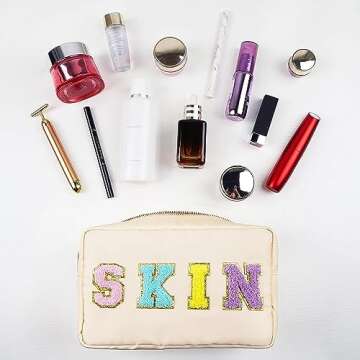 Preppy Chenille Letter Makeup Bag,Nylon Zipper Waterproof Preppy Stuff Bag,Cosmetic Travel Organizer Bag for Women Teen Girl（Pink,Blue,White,Black）4 Pcs