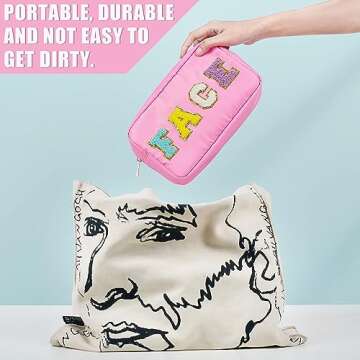 Preppy Chenille Letter Makeup Bag,Nylon Zipper Waterproof Preppy Stuff Bag,Cosmetic Travel Organizer Bag for Women Teen Girl（Pink,Blue,White,Black）4 Pcs