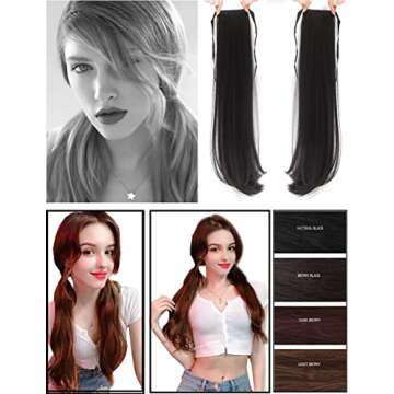 LesafeV 2pcs Ponytail Wig Tie up-Long Straight Hair Extension Cosplay Twin-tail Cute Pony Tail Pig Tails Hairstyle 18" Off Black