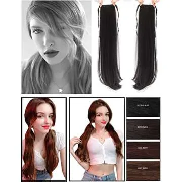 LesafeV 2pcs Ponytail Wig Tie up-Long Straight Hair Extension Cosplay Twin-tail Cute Pony Tail Pig Tails Hairstyle 18" Off Black