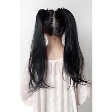 LesafeV 2pcs Ponytail Wig Tie up-Long Straight Hair Extension Cosplay Twin-tail Cute Pony Tail Pig Tails Hairstyle 18" Off Black