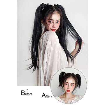 LesafeV 2pcs Ponytail Wig Tie up-Long Straight Hair Extension Cosplay Twin-tail Cute Pony Tail Pig Tails Hairstyle 18" Off Black
