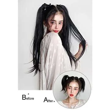 LesafeV 2pcs Ponytail Wig Tie up-Long Straight Hair Extension Cosplay Twin-tail Cute Pony Tail Pig Tails Hairstyle 18" Off Black