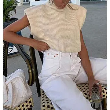 Luckinbaby Casual Women’s Knit Sweater Vest Turtleneck Sleeveless Knitted Tank Tops Shoulder Pads Fall Winter Knitwear Shirts Apricot