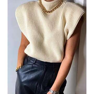 Luckinbaby Casual Women’s Knit Sweater Vest Turtleneck Sleeveless Knitted Tank Tops Shoulder Pads Fall Winter Knitwear Shirts Apricot