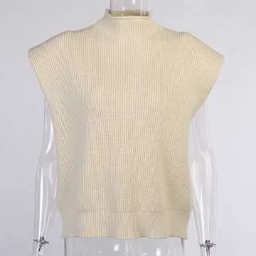 Luckinbaby Casual Women’s Knit Sweater Vest Turtleneck Sleeveless Knitted Tank Tops Shoulder Pads Fall Winter Knitwear Shirts Apricot