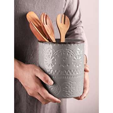 DOWAN Utensil Holder, 7.2" Extra Large Kitchen Utensil Crock for Countertop, Farmhouse Ceramic Utensil Organizer, Anti Slip & Scratch Cork Mat, Grey Utensil Storage for Home Décor