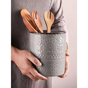 DOWAN Utensil Holder, 7.2" Extra Large Kitchen Utensil Crock for Countertop, Farmhouse Ceramic Utensil Organizer, Anti Slip & Scratch Cork Mat, Grey Utensil Storage for Home Décor