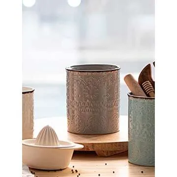 DOWAN Utensil Holder, 7.2" Extra Large Kitchen Utensil Crock for Countertop, Farmhouse Ceramic Utensil Organizer, Anti Slip & Scratch Cork Mat, Grey Utensil Storage for Home Décor