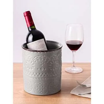 DOWAN Utensil Holder, 7.2" Extra Large Kitchen Utensil Crock for Countertop, Farmhouse Ceramic Utensil Organizer, Anti Slip & Scratch Cork Mat, Grey Utensil Storage for Home Décor