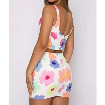Women Print Two Piece Skirt Set Y2K Off Shoulder Tube Tops Slim Fit Crop Camis Mini Skirts Night Party Outfit Set