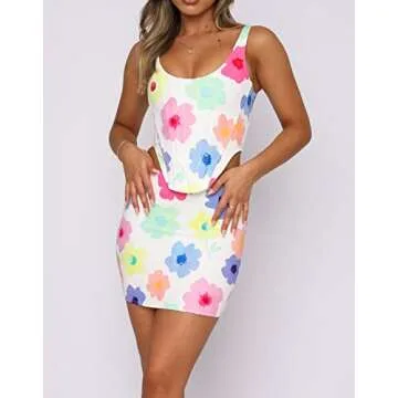 Women Print Two Piece Skirt Set Y2K Off Shoulder Tube Tops Slim Fit Crop Camis Mini Skirts Night Party Outfit Set