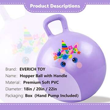 EVERICH TOY Hopper Ball, Unicorn Hopping Toys for Kids, 18 Inch Bouncy Ball with Handle, Purple Infl...