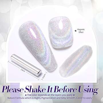 BORN PRETTY Rainbow Reflective Cat Magnetic Eye Gel Polish Omnipotent Silver Holographic 9D Cat Magnetic Gel Nail Polish Sparkle Gel Polish with Magnetic Stick Nail Art Varnish 10ML