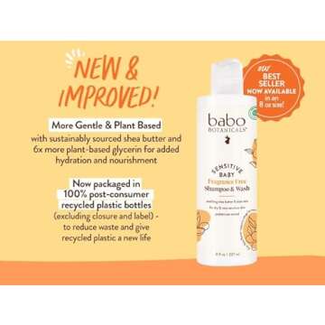 Babo Botanicals Sensitive Baby 2-in-1 Shampoo & Wash - Shea Butter, Calendula & Aloe - Cruelty-Free,...