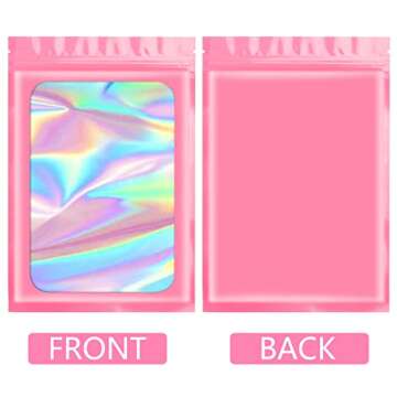 Funfery 100 pcs Pink Mylar Holographic Bags Packaging Bags,Clear Seal Resealable Smell Proof Bags Fo...