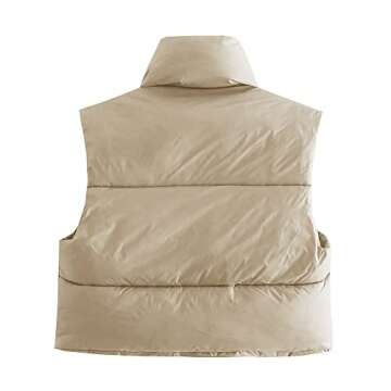 Hixiaohe Women's Winter Crop Vest Puffer Lightweight Stand Collar Padded Vest Zip Up Sleeveless Jacket(Beige,L)