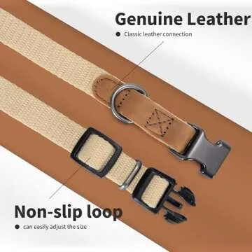 Mile High Life Dog Collars | Soft Cotton Dog Collars w Heavy Metal Buckle | Classic Puppy Collar w Premium Genuine Leather Tips | Pet Collars for Large Dogs (Khaki)