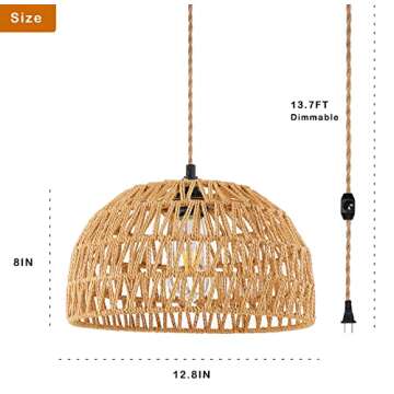 Plug in Pendant Light Rattan Hanging Lights with Plug in Cord Wicker Hanging Lamp with Woven Bamboo Basket Lamp Shade,Dimmable Switch,Boho Plug in Ceiling Light Fixtures for Kitchen,Farmhouse,Bedroom