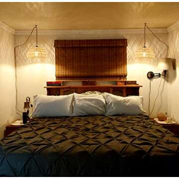 Plug in Pendant Light Rattan Hanging Lights with Plug in Cord Wicker Hanging Lamp with Woven Bamboo Basket Lamp Shade,Dimmable Switch,Boho Plug in Ceiling Light Fixtures for Kitchen,Farmhouse,Bedroom