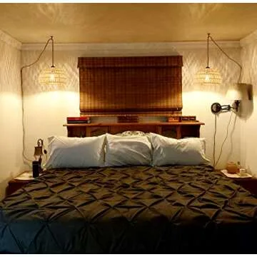 Plug in Pendant Light Rattan Hanging Lights with Plug in Cord Wicker Hanging Lamp with Woven Bamboo Basket Lamp Shade,Dimmable Switch,Boho Plug in Ceiling Light Fixtures for Kitchen,Farmhouse,Bedroom