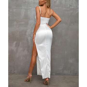 Women's Satin Spaghetti Straps Backless Ruched Bodycon Dress Slit Maxi Cocktail Elegant Dresses for Evening Party White