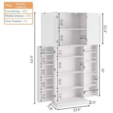 Yusong 64'' Tall Kitchen Storage Cabinet with Doors and Shelves, Free Standing Pantry for Dining Liv...
