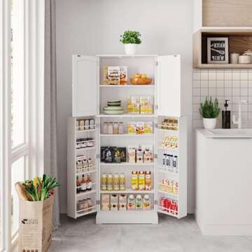 Yusong 64'' Tall Kitchen Storage Cabinet with Doors and Shelves, Free Standing Pantry for Dining Living Room, Grey (White)