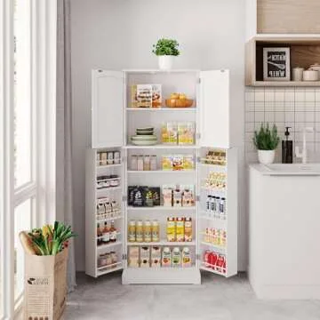 Yusong 64'' Tall Kitchen Storage Cabinet with Doors and Shelves, Free Standing Pantry for Dining Living Room, Grey (White)