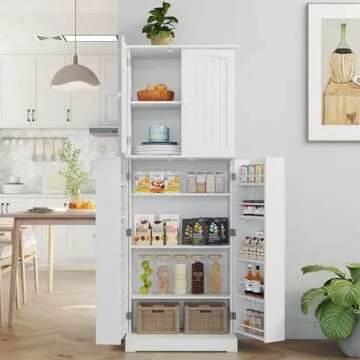 Yusong 64'' Tall Kitchen Storage Cabinet with Doors and Shelves, Free Standing Pantry for Dining Living Room, Grey (White)