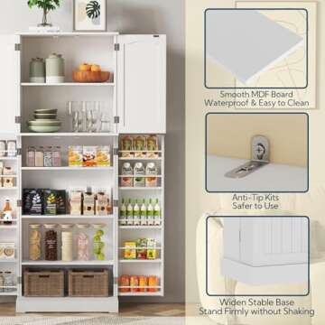 Yusong 64'' Tall Kitchen Storage Cabinet with Doors and Shelves, Free Standing Pantry for Dining Living Room, Grey (White)