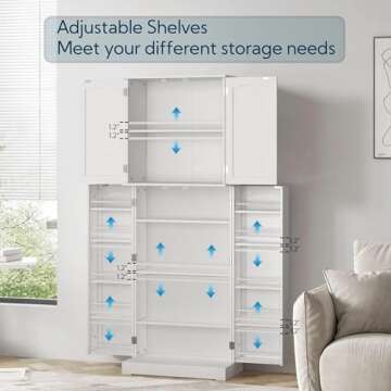 Yusong 64'' Tall Kitchen Storage Cabinet with Doors and Shelves, Free Standing Pantry for Dining Living Room, Grey (White)